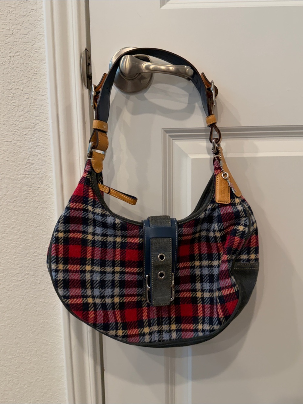Coach Hamilton Plaid Tartan Wool Leather Shoulder Bag with Buckle Detail